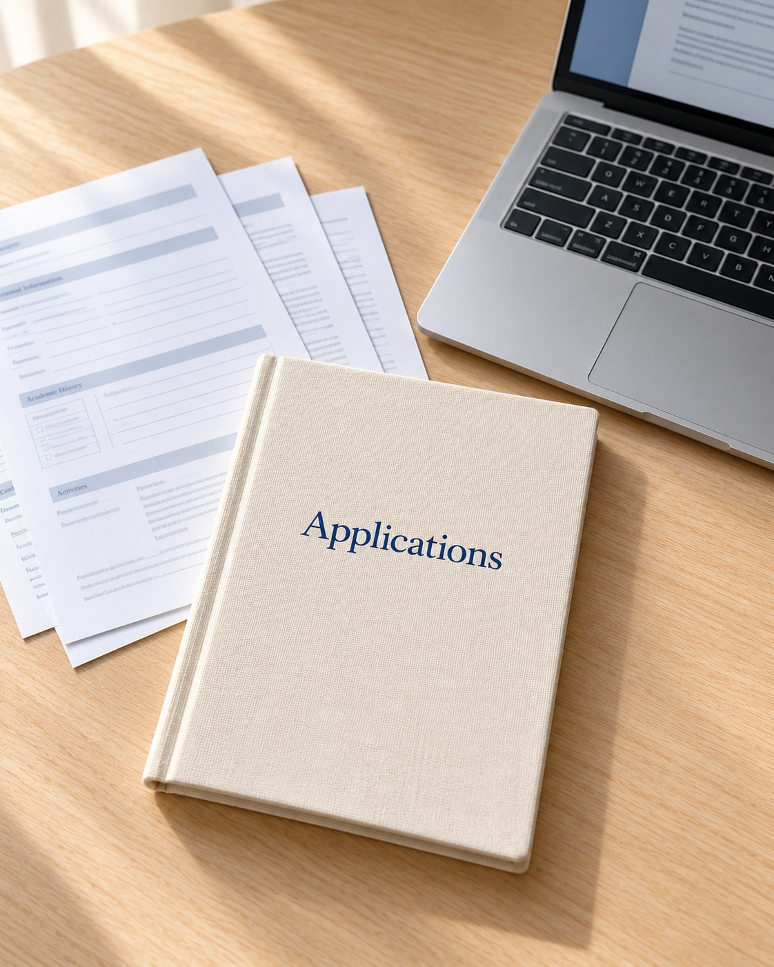 A linen binder labeled Applications beside application forms and a laptop