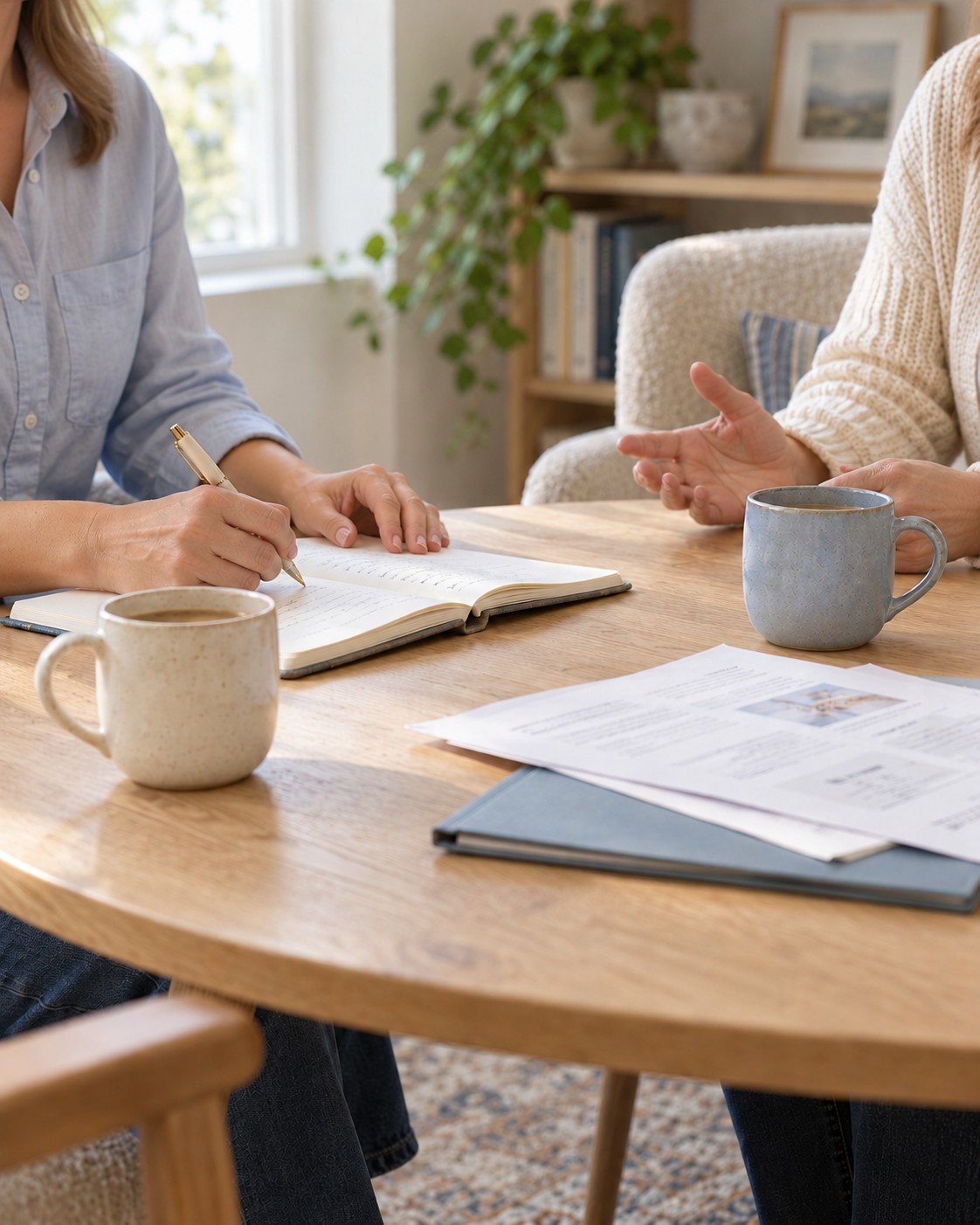 Two adults talking over coffee at a table with a notebook